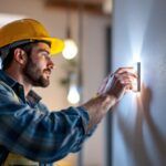 A photograph of a skilled lighting contractor expertly installing a 3-way light switch in a beautifully lit room