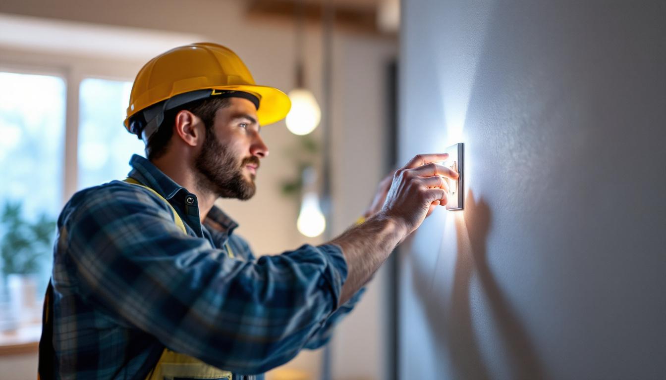 A photograph of a skilled lighting contractor expertly installing a 3-way light switch in a beautifully lit room