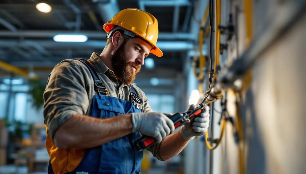 A photograph of a lighting contractor efficiently installing power cables in a well-lit commercial space