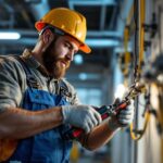 A photograph of a lighting contractor efficiently installing power cables in a well-lit commercial space