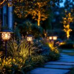 A photograph of a beautifully illuminated outdoor landscape featuring various solar landscape lights in action at dusk