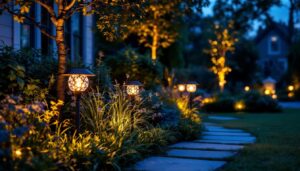 A photograph of a beautifully illuminated outdoor landscape featuring various solar landscape lights in action at dusk