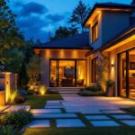 A photograph of a beautifully designed outdoor space featuring recessed exterior lighting