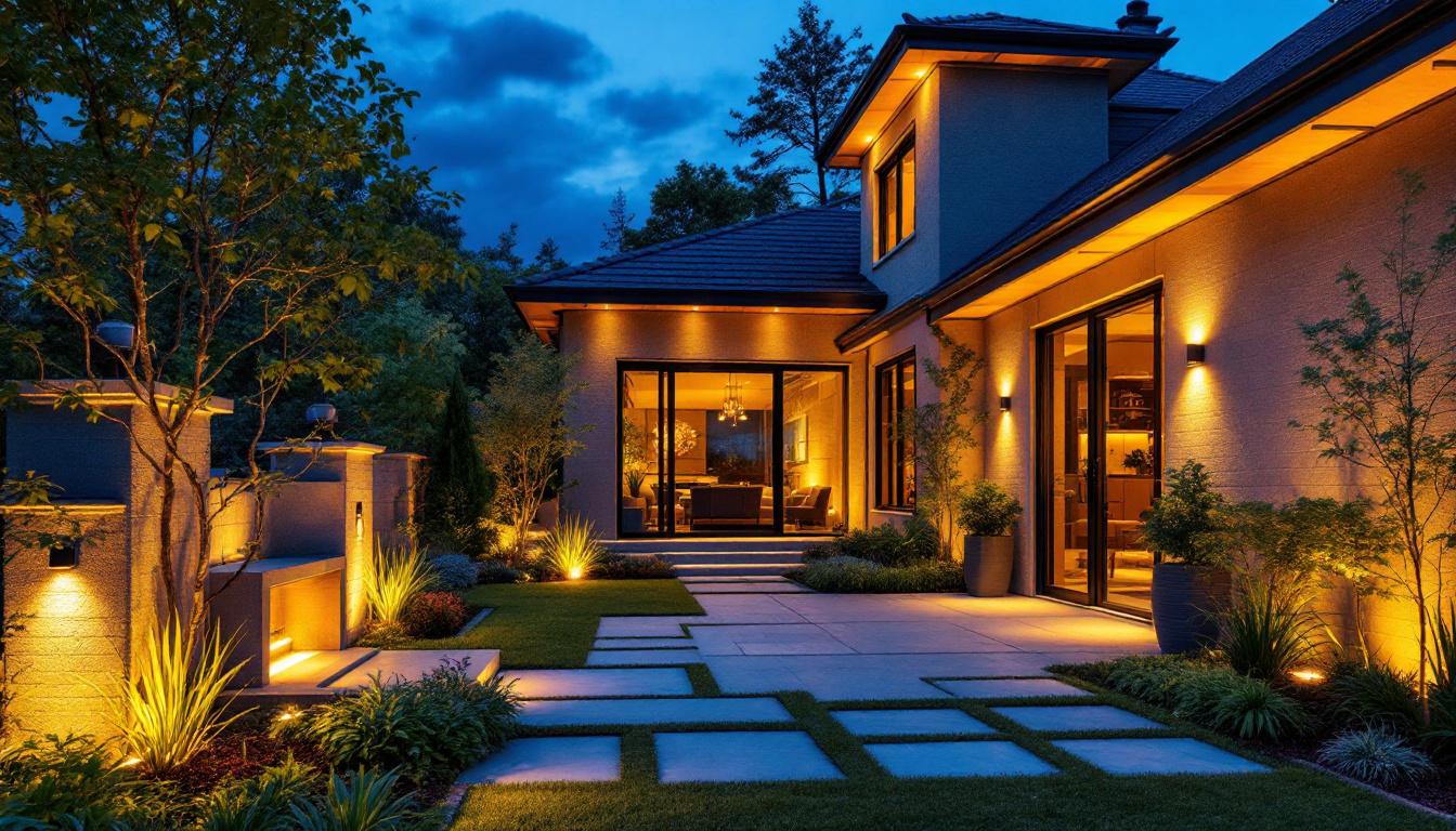 A photograph of a beautifully designed outdoor space featuring recessed exterior lighting