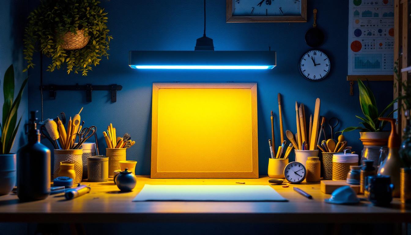 A photograph of a well-lit workspace featuring a 36-watt uv light in use