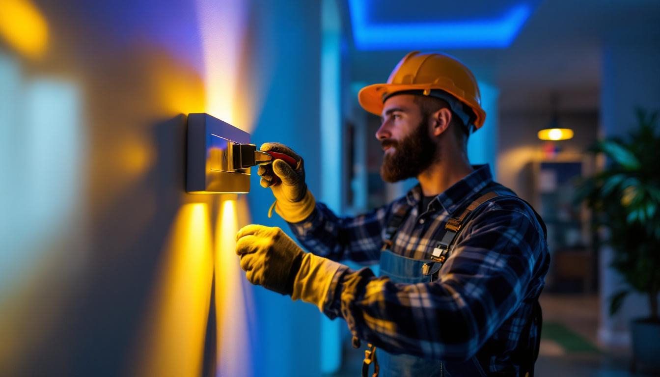 A photograph of a skilled lighting contractor expertly installing electric wall plugs in a modern residential setting