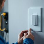 A photograph of a lighting professional installing a single pole smart switch