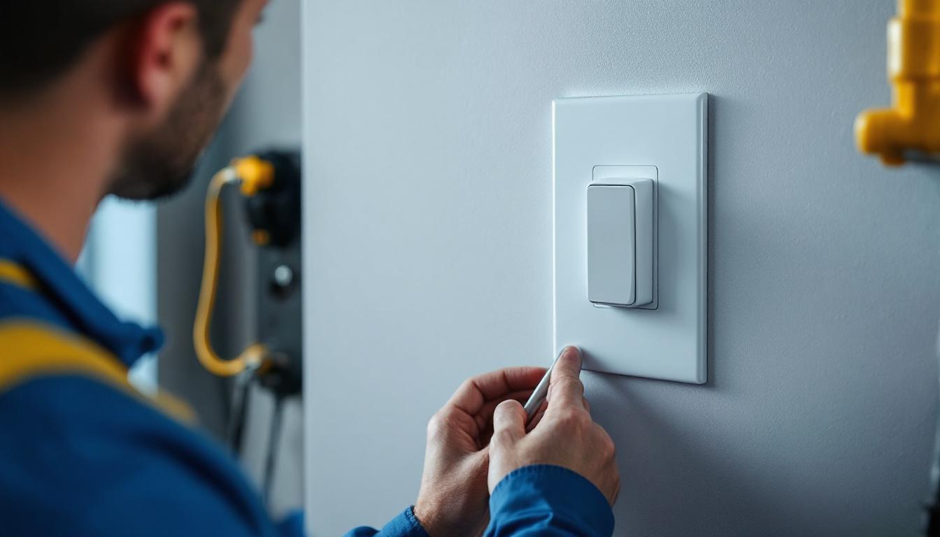 A photograph of a lighting professional installing a single pole smart switch