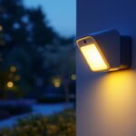 A photograph of a well-lit outdoor space featuring a stylish sensor light in action