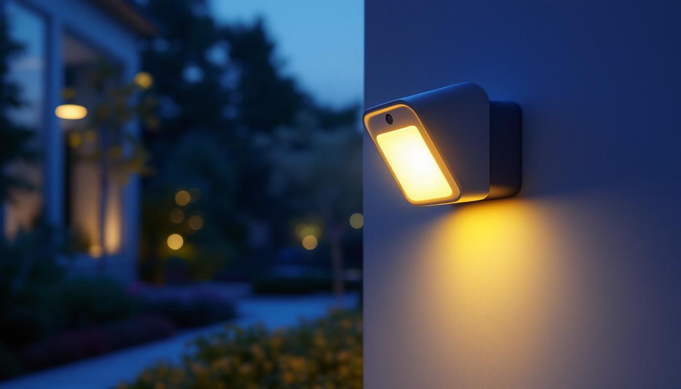 A photograph of a well-lit outdoor space featuring a stylish sensor light in action