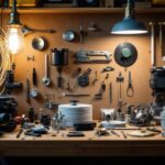 A photograph of a well-organized wall sconce hardware kit displayed on a workbench