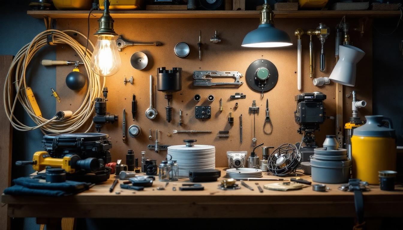 A photograph of a well-organized wall sconce hardware kit displayed on a workbench