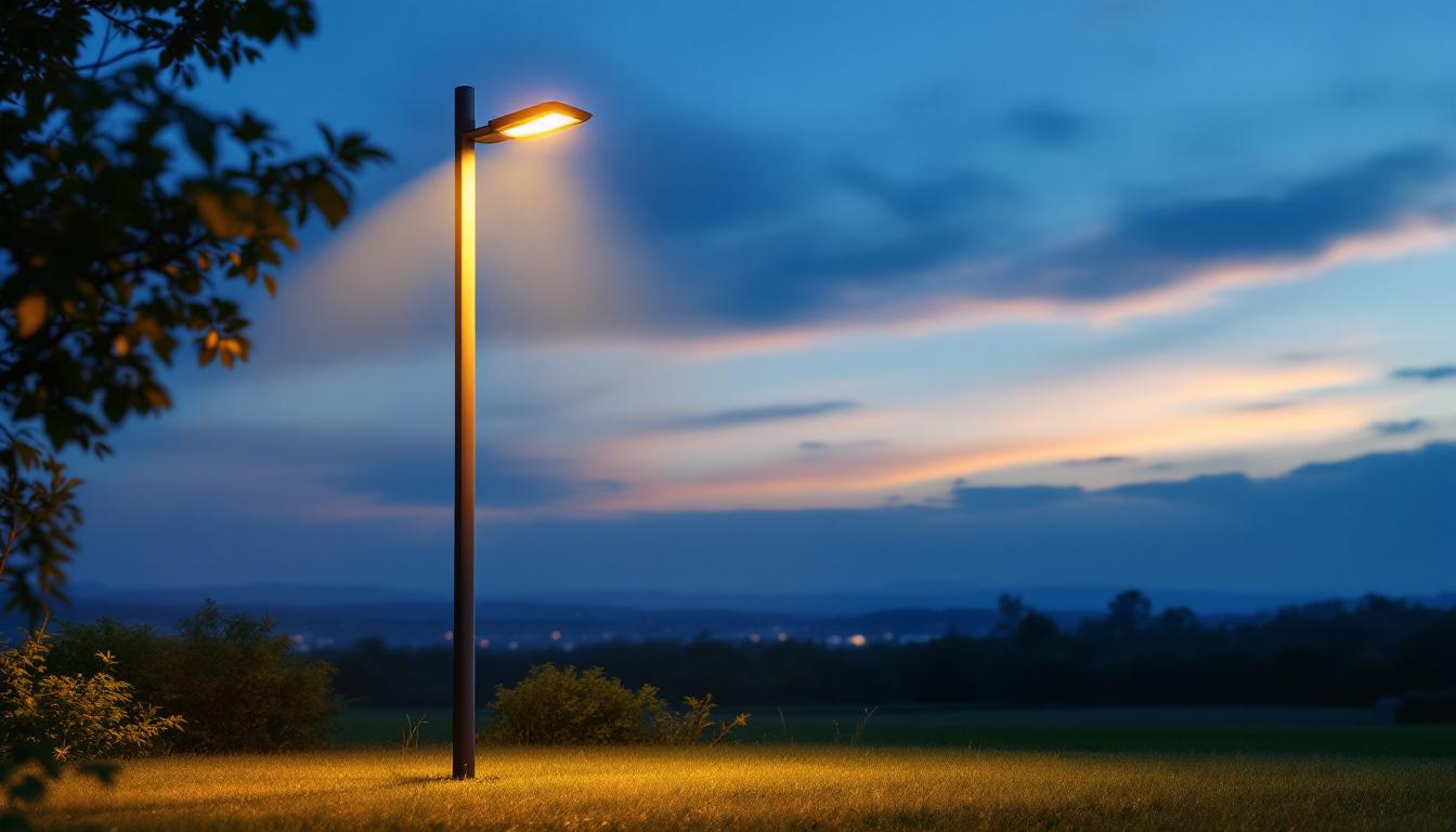 A photograph of a well-lit outdoor space featuring a modern light post