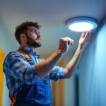 A photograph of a lighting contractor installing a 6-inch led can light retrofit in a modern home setting