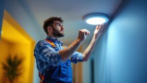 A photograph of a lighting contractor installing a 6-inch led can light retrofit in a modern home setting