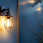 A photograph of a beautifully designed retro outdoor wall light installed on a stylish exterior wall