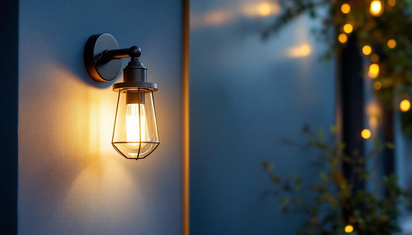 A photograph of a beautifully designed retro outdoor wall light installed on a stylish exterior wall