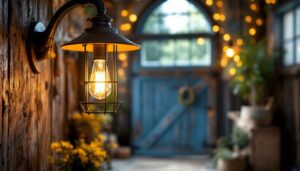 A photograph of a beautifully designed rustic barn light fixture hanging in an inviting