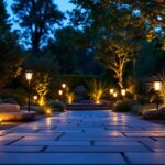 A photograph of a beautifully landscaped outdoor space illuminated by a variety of stylish solar lights during twilight