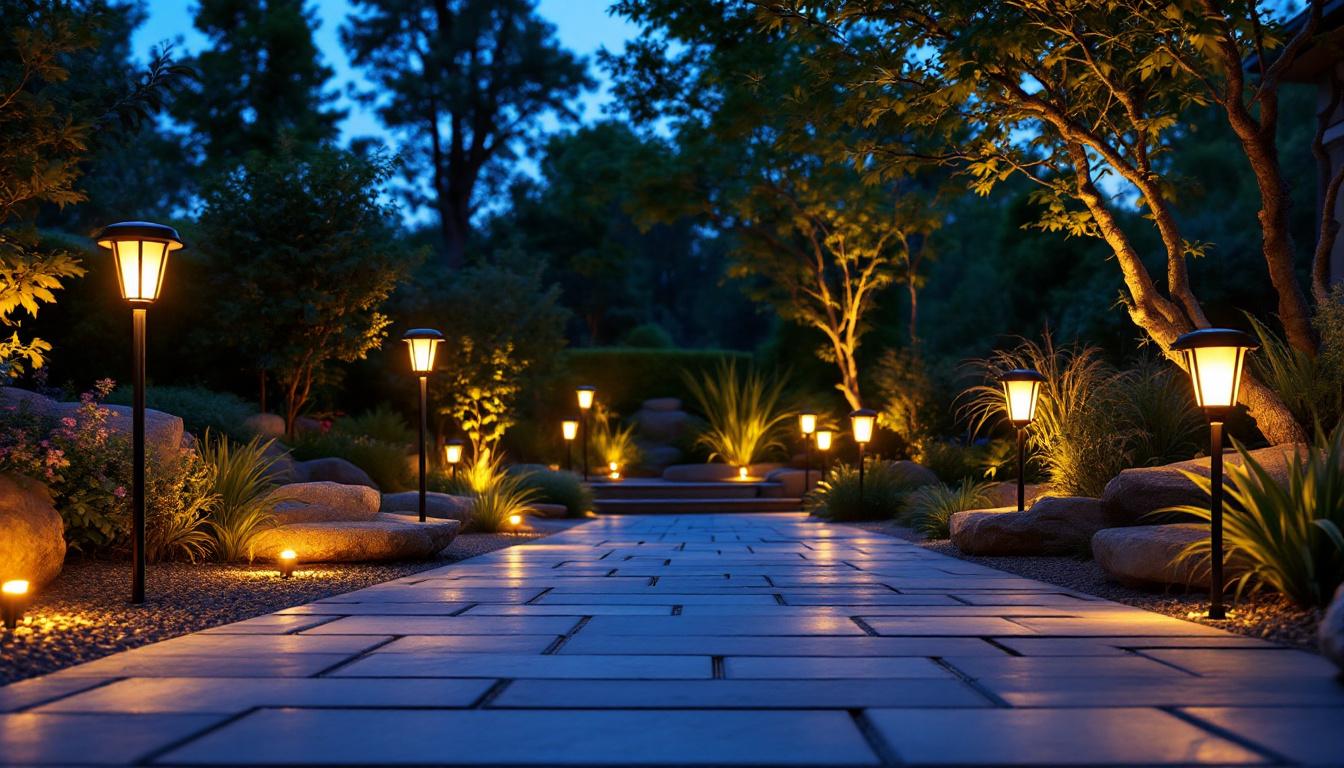A photograph of a beautifully landscaped outdoor space illuminated by a variety of stylish solar lights during twilight
