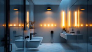 A photograph of a beautifully designed bathroom featuring modern led light fixtures that highlight the space's elegance and functionality