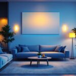 A photograph of a modern living room featuring smart lighting systems in action