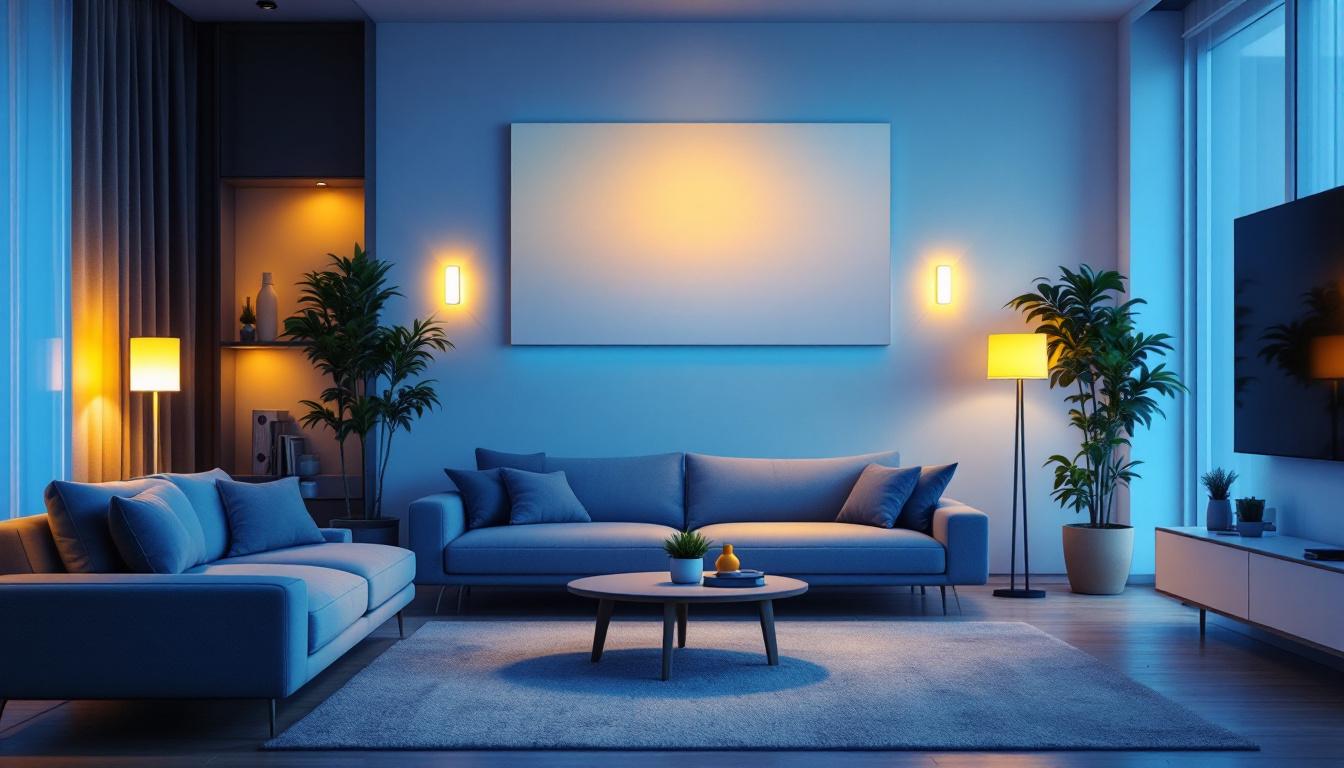 A photograph of a modern living room featuring smart lighting systems in action