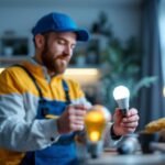 A photograph of a lighting contractor installing or showcasing various residential led bulbs in a modern home setting