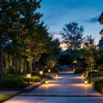 A photograph of a beautifully illuminated outdoor space at dusk