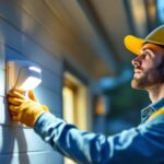 A photograph of a lighting contractor installing a motion sensor light in a residential setting