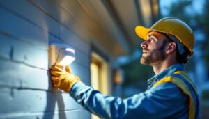 A photograph of a lighting contractor installing a motion sensor light in a residential setting