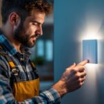 A photograph of a lighting contractor installing a smart dual switch in a modern home setting