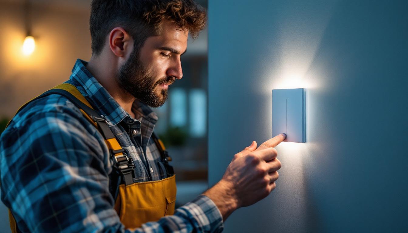 A photograph of a lighting contractor installing a smart dual switch in a modern home setting