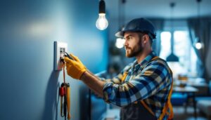 A photograph of a skilled lighting contractor expertly wiring a light switch to multiple lights in a modern home setting