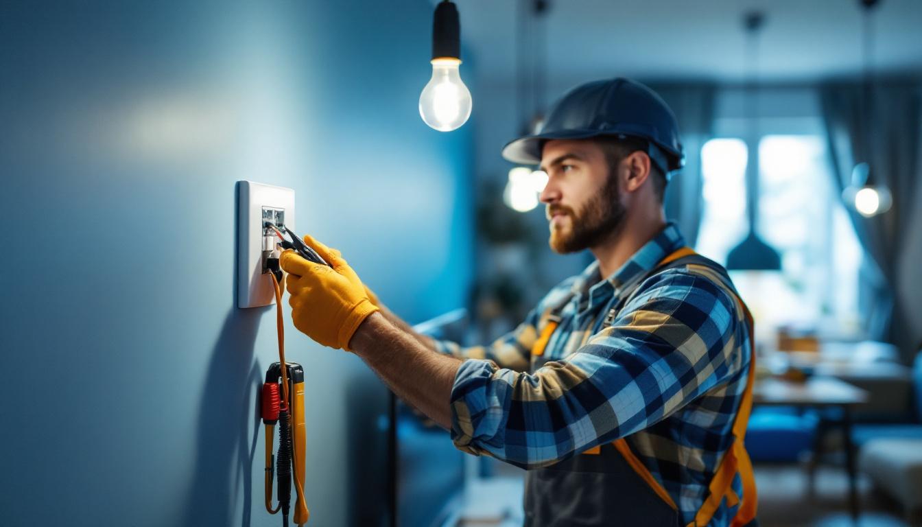 A photograph of a skilled lighting contractor expertly wiring a light switch to multiple lights in a modern home setting