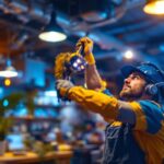 A photograph of a lighting contractor installing led lights in a commercial space