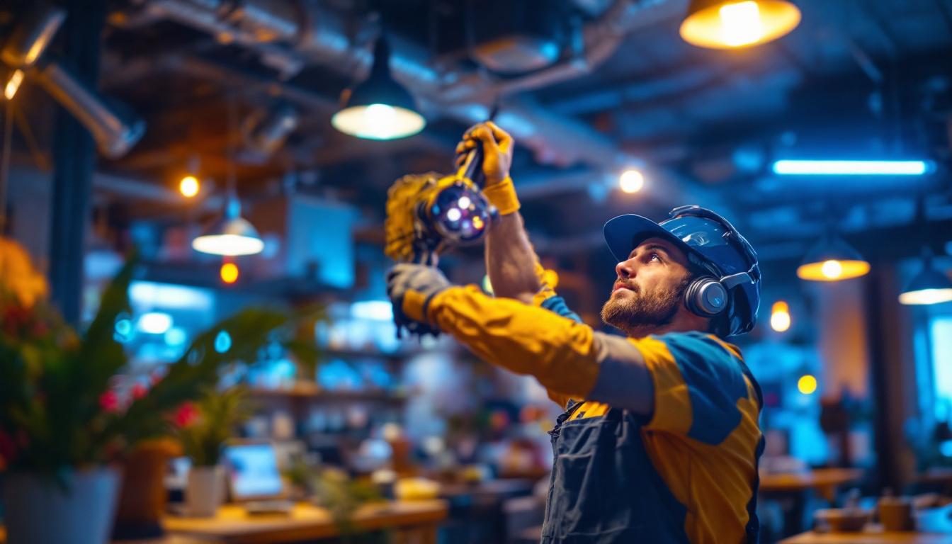 A photograph of a lighting contractor installing led lights in a commercial space