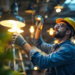 A photograph of a skilled lighting contractor expertly installing or adjusting various lighting fixtures in a modern workspace