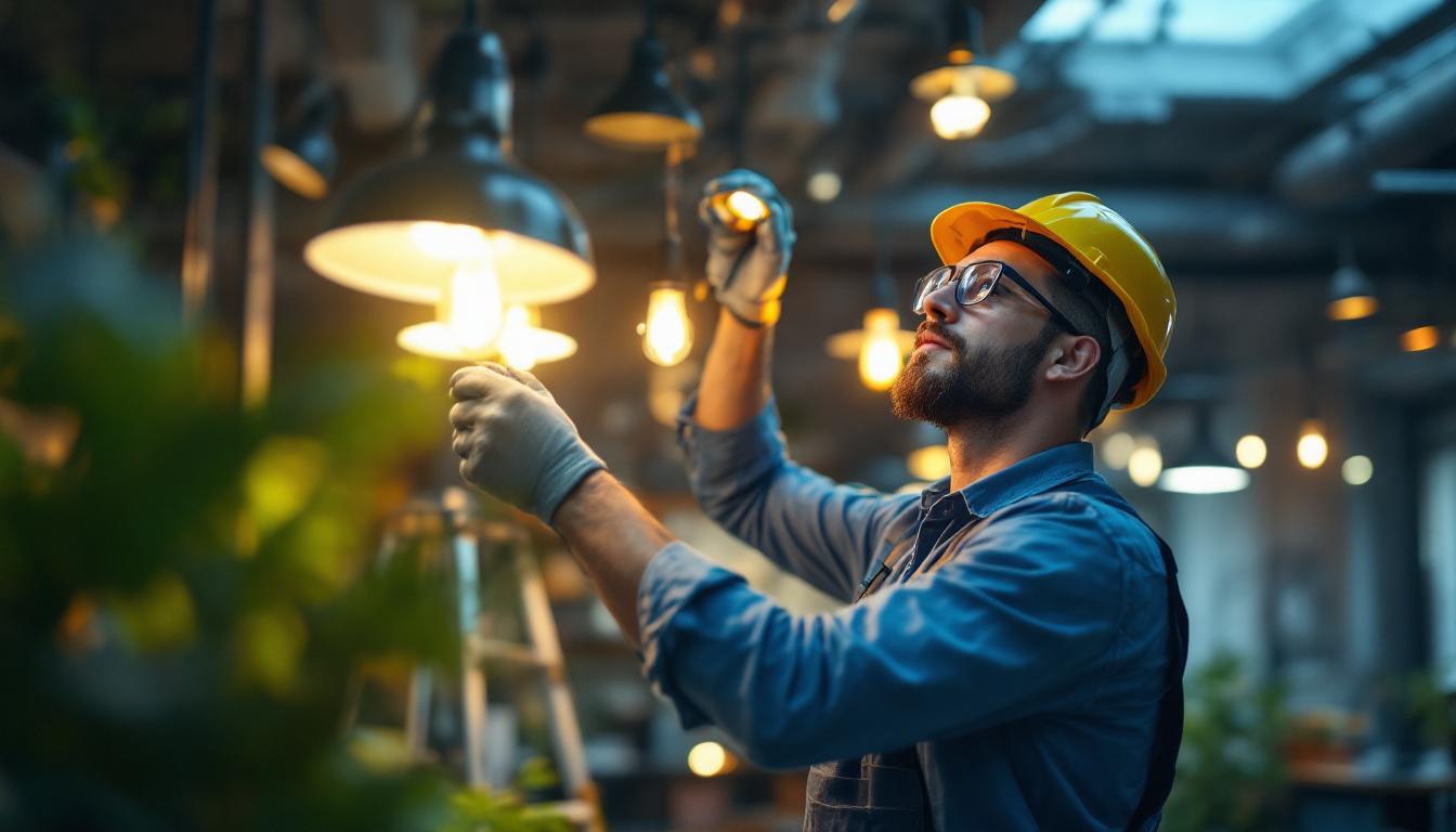 A photograph of a skilled lighting contractor expertly installing or adjusting various lighting fixtures in a modern workspace