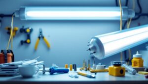 A photograph of a well-organized fluorescent tube light wiring setup