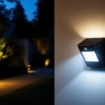 A photograph of a well-lit outdoor scene featuring a motion-activated security light in action