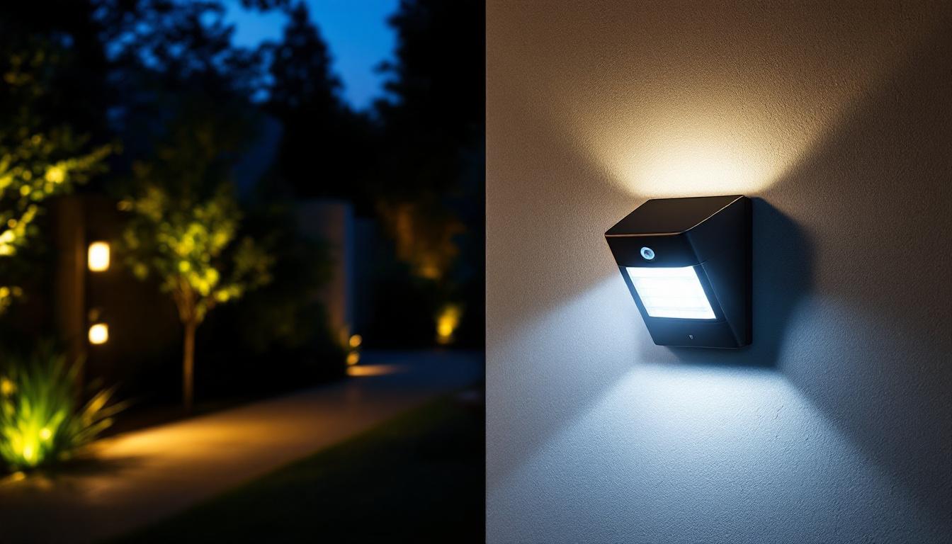 A photograph of a well-lit outdoor scene featuring a motion-activated security light in action