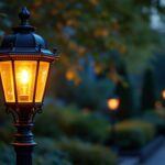A photograph of a beautifully designed bronze outdoor lamp post illuminated at dusk
