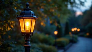 A photograph of a beautifully designed bronze outdoor lamp post illuminated at dusk