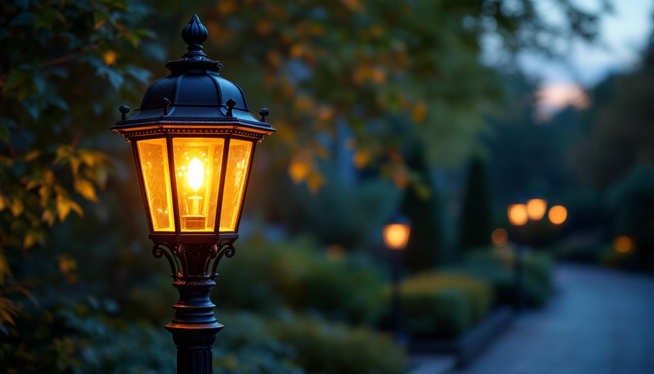 A photograph of a beautifully designed bronze outdoor lamp post illuminated at dusk
