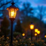 A photograph of a beautifully illuminated outdoor lamp post with decorative globes in a picturesque garden setting during twilight
