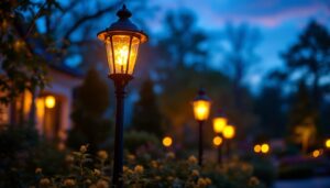 A photograph of a beautifully illuminated outdoor lamp post with decorative globes in a picturesque garden setting during twilight