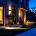 A photograph of a well-lit outdoor space featuring stylish flood lights with integrated outlets