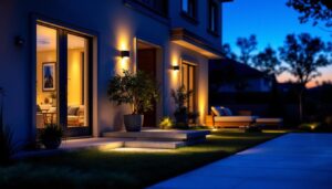 A photograph of a well-lit outdoor space featuring stylish flood lights with integrated outlets