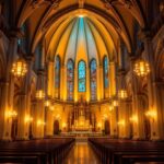 A photograph of a beautifully illuminated cathedral interior